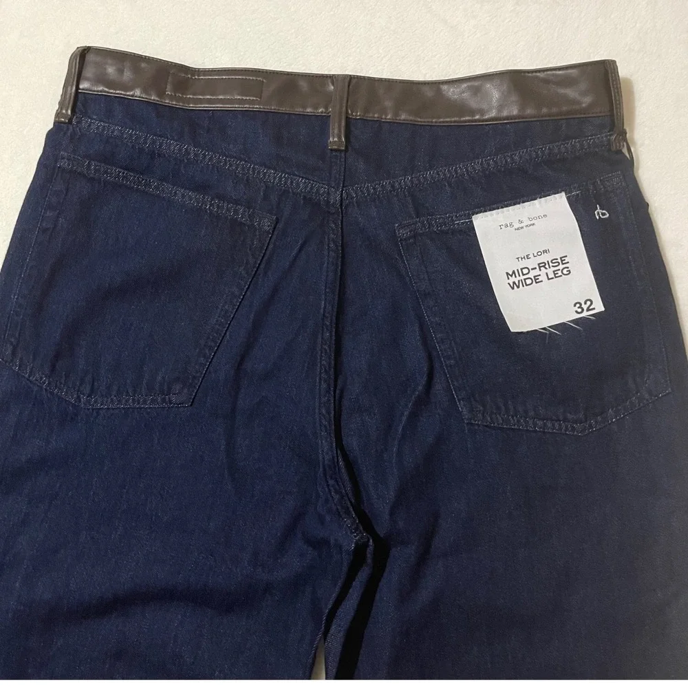 Rag & Bone Lori Wide Leg Jeans Size 32 Dark Rinse Indigo Brown Faux Leather Trim